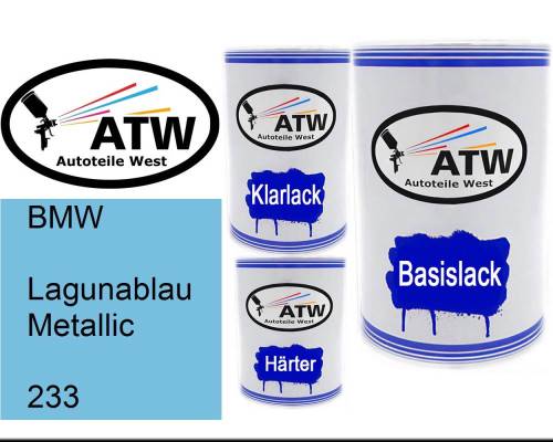 BMW, Lagunablau Metallic, 233: 500ml Lackdose + 500ml Klarlack + 250ml Härter - Set, von ATW Autoteile West.